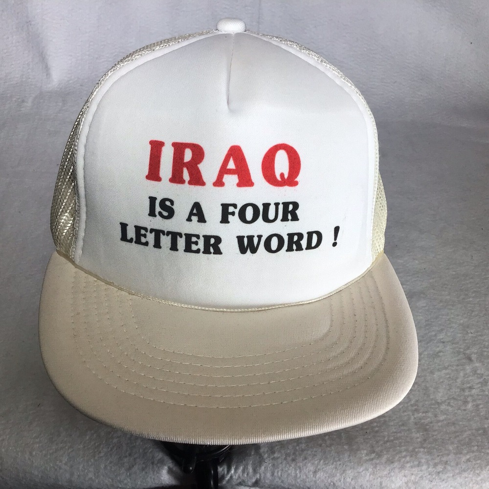 Vintage 90s Iraq Is A 4 Letter Word Snapback Mesh Trucker Hat White Patriotic